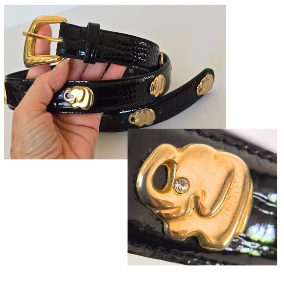 Vintage German Elephant Belt Black Patent Leather Gold Hardware Sz 90 Good Luck - Picture 4 of 12